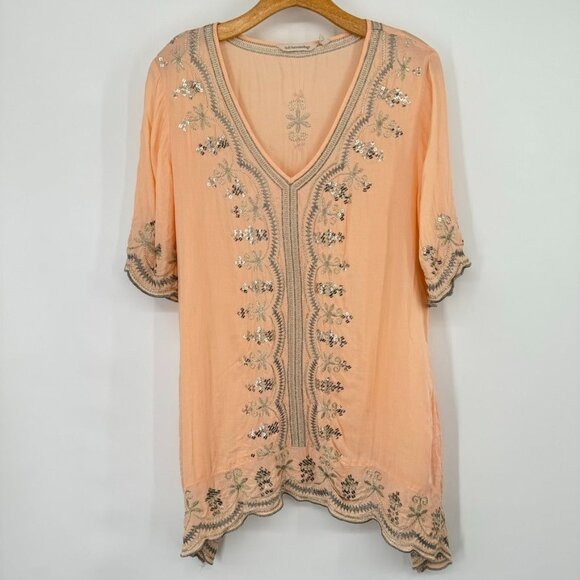 Soft Surroundings Peach gold Catalina Embroidered Tunic Top  Boho short sleeve - Picture 6 of 12